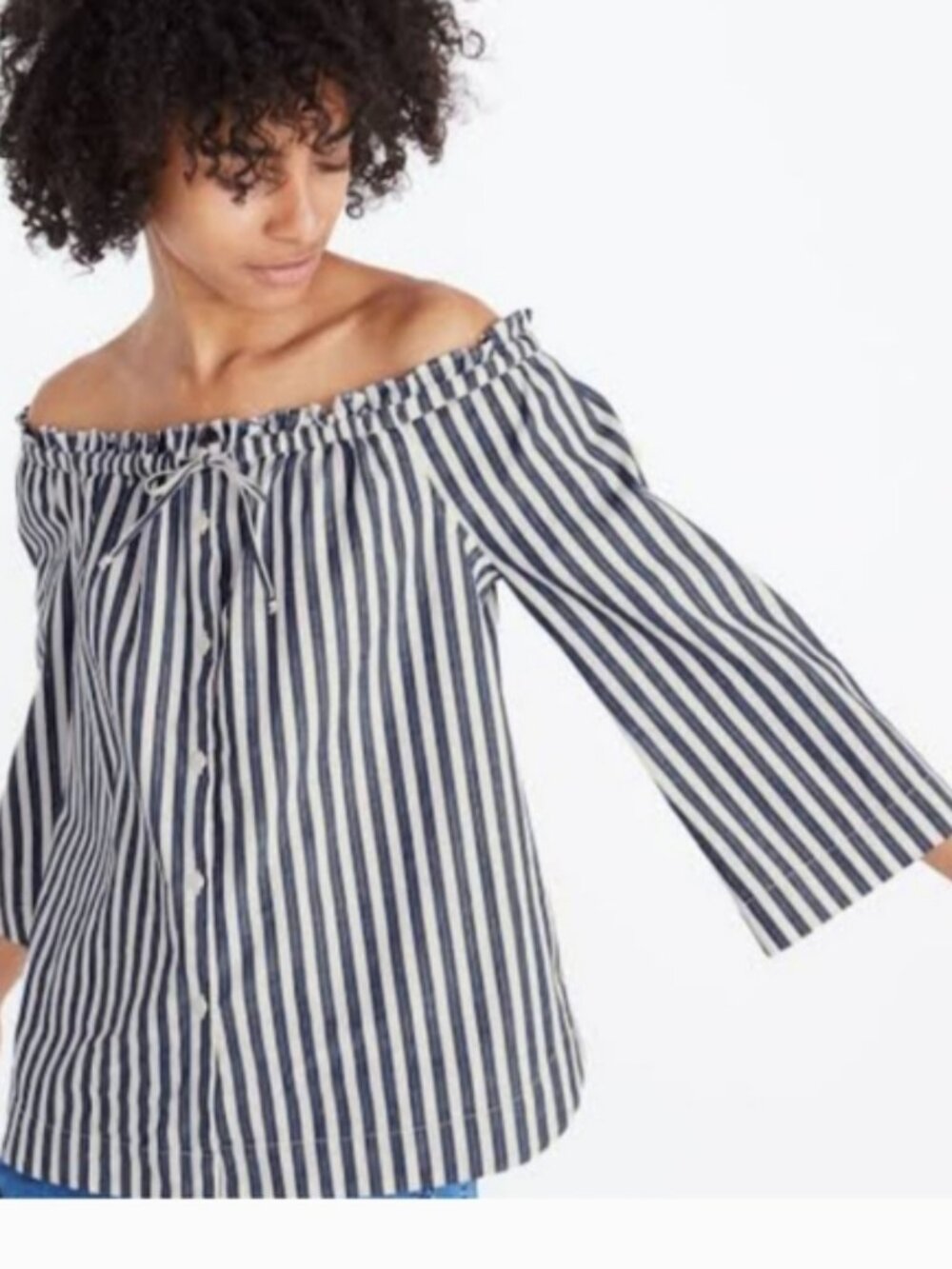 Madewell Women's Shimmer Stripe Blue White Off-the-Shoulder Top Small